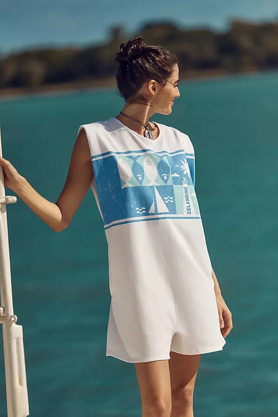 Celandine Graphic Sleeveless Crew Neck Muscle Tee Romper White Blue Women's M